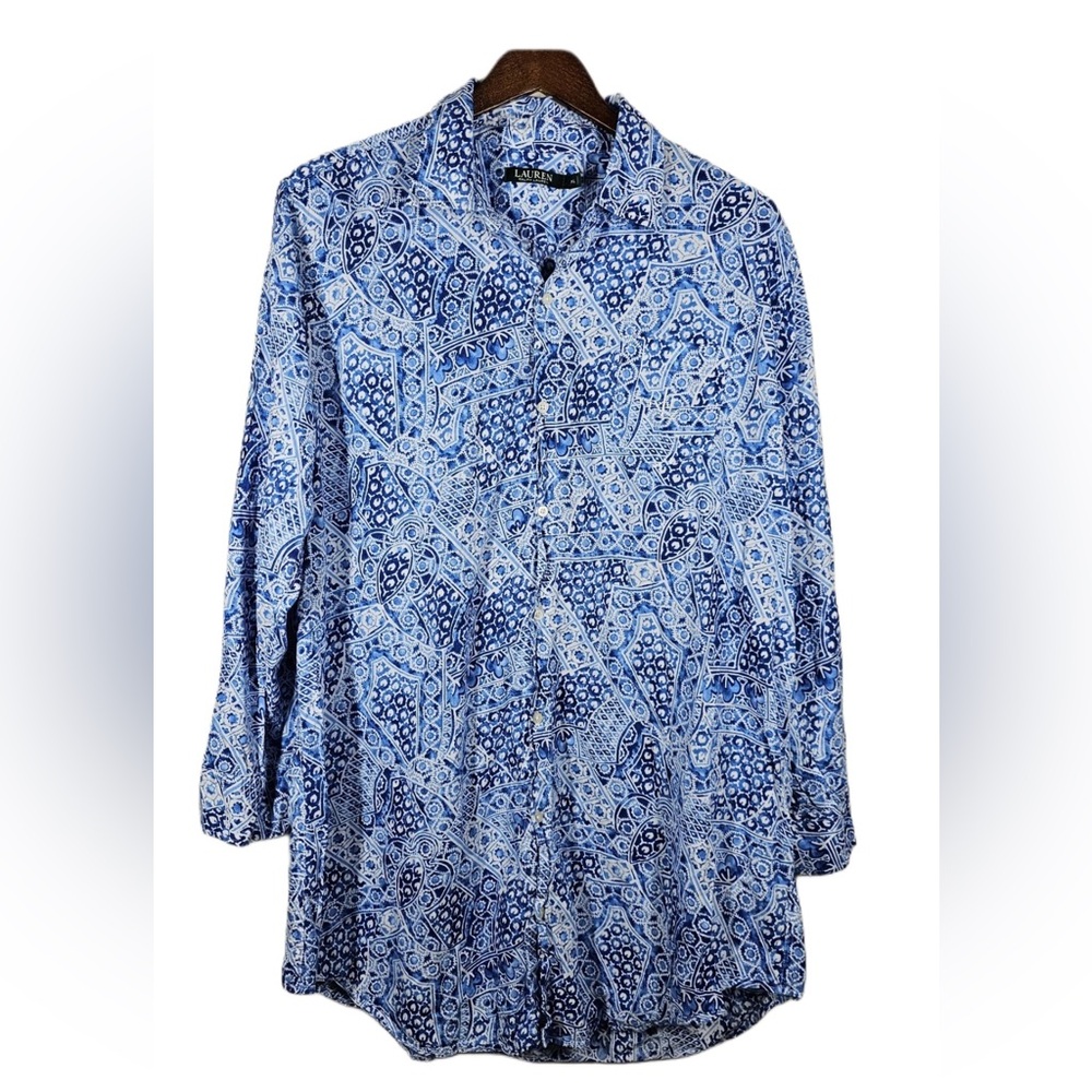 Lauren Ralph Lauren Emb 'RLL' Women's Button Up Blue Paisley Pajama Shirt Small